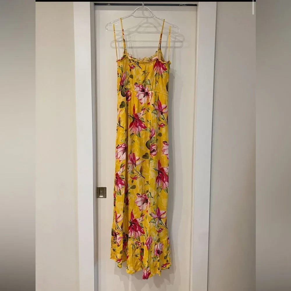 FLORAL Yellow Maxi Dress high low ruffle empire waist small